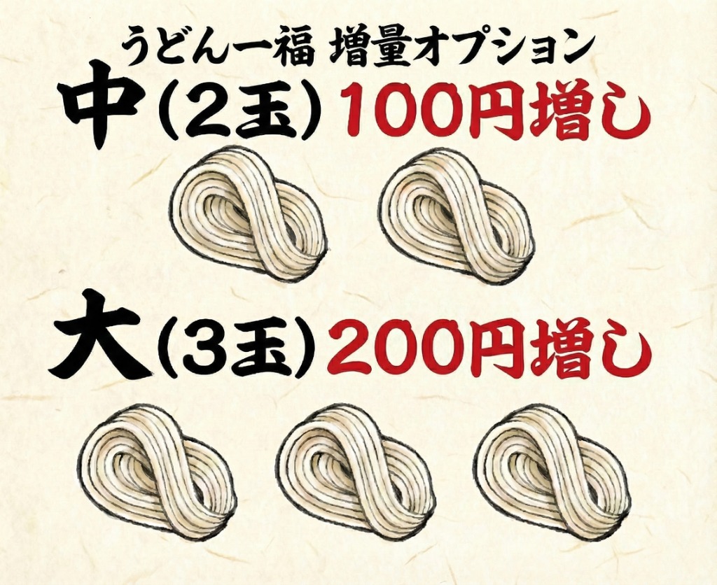 うどん増量オプション：中(2玉)100円増し、大(3玉)200円増し
